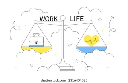 Work life balance line concept. Scales with heart and briefcase and inscriptions. Prioritization, efficient organization of workflow and time management. Linear flat vector illustration