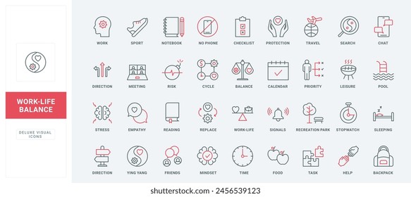 Work life balance line icons set. Search and plan tasks for office and leisure, meeting with friends and digital detox, sleep and travel thin black and red outline symbols vector illustration