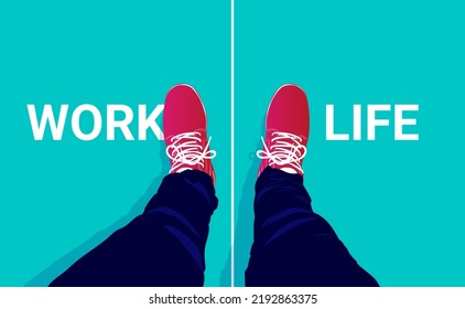 Equilibrio de vida laboral: elegir entre el trabajo y el tiempo libre mirando hacia abajo los zapatos y los pies. Ilustración del vector