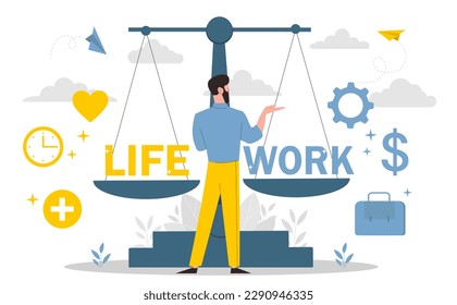 Work and life balance. Man stands in front of scales and prioritizes. Career and earning money versus free time. Professional management. Cartoon flat vector illustration
