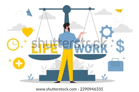 Work and life balance. Man stands in front of scales and prioritizes. Career and earning money versus free time. Professional management. Cartoon flat vector illustration
