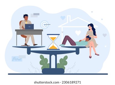 Work and life balance. Man in suit at laptop and young guy on lap of girl. Comparison of career and leisure. Internal balance and prioritization, life choice. Cartoon flat vector illustration