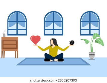 work life balance or meditation and relax, stress management balance between work concentration and mental health, woman meditating floating balancing messy mess and work passion heart shape.