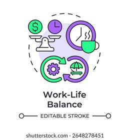 Ícone de conceito de várias cores do equilíbrio da vida útil do trabalho. Saúde, saúde mental. Produtividade do funcionário. Ilustração de linha de forma redonda. Ideia abstrata. Design gráfico. Fácil de usar no artigo, post no blog