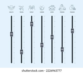 Work life balance priorities. Control board with slider controllers of mixer, time management adjustment vector illustration. Harmonic lifestyle in spheres as health, traveling, career and home