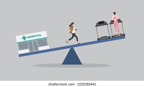 Work and life balance, priority life and health care concept. A woman runs on a seesaw between a hospital and cardio running on a treadmill at a fitness center. Exercise to stay away from sickness.