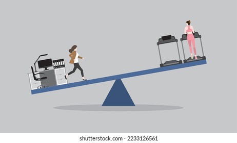 Work and life balance, priority life and health care concept. A woman runs on a seesaw between working table and cardio running on a treadmill at a fitness center. Exercise to stay away from sickness.