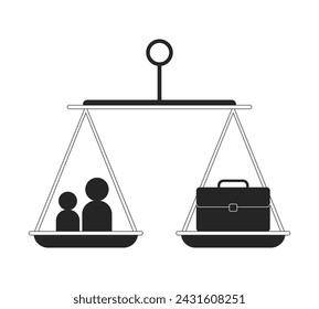 Objeto de dibujos animados de línea 2D blanco y negro de la escala de equilibrio de vida laboral. Elemento de contorno vectorial aislado de equilibrio de estabilidad profesional y personal. Ilustración monocromática de punto plano de comparación