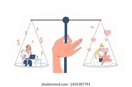 Equilibrio de vida laboral simple. Mano cerca de pesas y balanzas. Mujer con solución de carrera. Joven en el lugar de trabajo con documentos versus en casa. Doodle ilustración vectorial plana aislada sobre fondo blanco