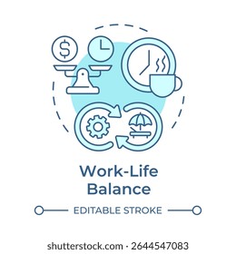 Work life balance soft blue concept icon. Healthy wellbeing, mental health. Employee productivity. Round shape line illustration. Abstract idea. Graphic design. Easy to use in article, blog post