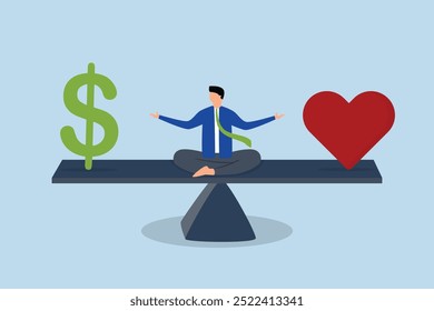 Work life balance, successful businessman contemplates the delicate balance of money and the heart symbol on a seesaw.