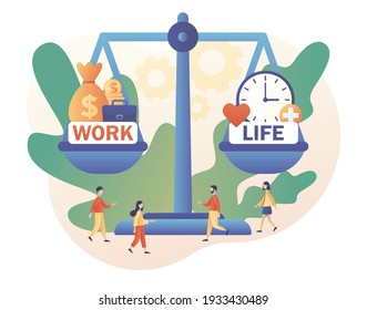 Work and life balance. Tiny people keep harmony choose between career and money versus love and time. Big scales as symbol of life balance. Modern flat cartoon style. Vector illustration 