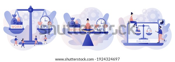 Work and life balance. Tiny people keep\
harmony choose between career and money versus love and time,\
leisure or business. Modern flat cartoon style. Vector illustration\
on white background