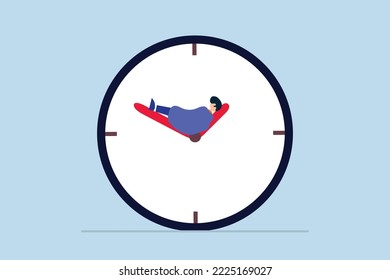 Work life balance, tired businessman sleeping on hour hand