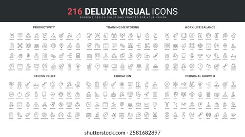 Work life balance, training mentoring for personal skill growth, career productivity line icon set. Stress relief and mental health, school education thin black outline symbols vector illustration