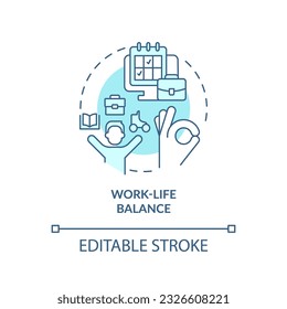 Work life balance turquoise concept icon. Take break. Avoid burnout. Time management. Mental health support abstract idea thin line illustration. Isolated outline drawing. Editable stroke