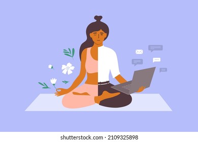 Work life balance vector concept. Business woman meditating on yoga mat holds laptop and flower in hand. Female character choosing between health relax and career. Dividing office vs rest illustration
