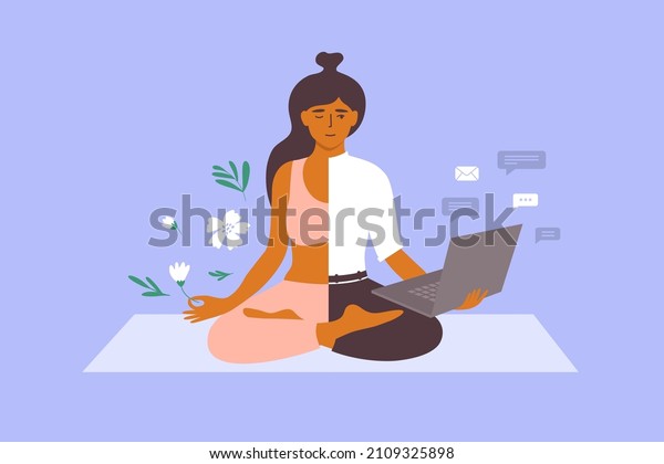Work life balance vector concept. Business\
woman meditating on yoga mat holds laptop and flower in hand.\
Female character choosing between health relax and career. Dividing\
office vs rest\
illustration