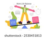 Work Life Balance Vector Illustration of a Person Balancing Job, Family and Leisure Activities in a Multitasking Flat Style Cartoon Background
