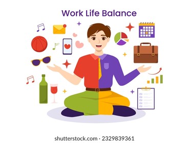 Vector de balance de vida laboral Ilustración del equilibrio personal con actividades laborales y familiares o de ocio en plantillas de dibujo de mano de dibujos planos multitarea