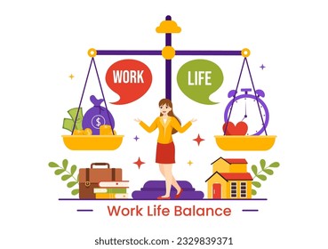 Vector de balance de vida laboral Ilustración del equilibrio personal con actividades laborales y familiares o de ocio en plantillas de dibujo de mano de dibujos planos multitarea