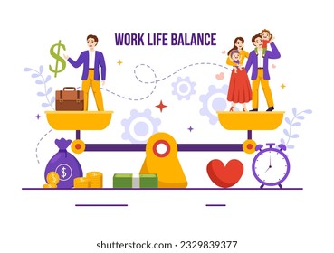 Vector de balance de vida laboral Ilustración del equilibrio personal con actividades laborales y familiares o de ocio en plantillas de dibujo de mano de dibujos planos multitarea