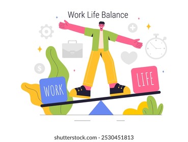 Ilustración vectorial de equilibrio de la vida laboral de una persona Equilibrando el trabajo, la familia y las actividades de ocio en un fondo de dibujos animados de estilo plano multitarea
