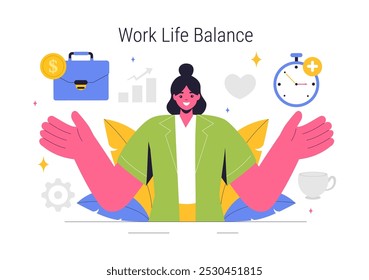 Ilustración vectorial de equilibrio de la vida laboral de una persona Equilibrando el trabajo, la familia y las actividades de ocio en un fondo de dibujos animados de estilo plano multitarea
