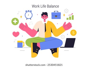 Work Life Balance Vektorgrafik einer Person, die Job-, Familien- und Freizeitaktivitäten in einem Multitasking-Cartoon-Hintergrund im flachen Stil ausbalanciert
