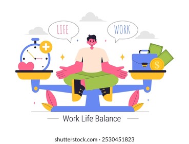 Work Life Balance Vektorgrafik einer Person, die Job-, Familien- und Freizeitaktivitäten in einem Multitasking-Cartoon-Hintergrund im flachen Stil ausbalanciert
