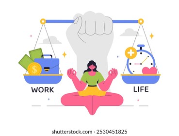 Work Life Balance Vector Illustration of a Person Balancing Job, Family and Leisure Activities in a Multitasking Flat Style Cartoon Background

