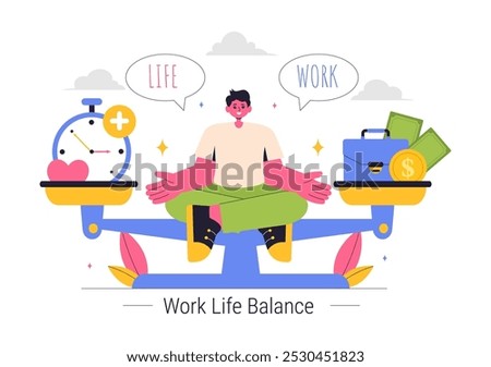 Work Life Balance Vector Illustration of a Person Balancing Job, Family and Leisure Activities in a Multitasking Flat Style Cartoon Background

