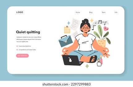 Banner web de balance de vida laboral o página de inicio. Carácter femenino en posición de loto. Estilo de vida moderno, límites saludables entre trabajo y yo para la armonía corporal y mental. Ilustración vectorial plana