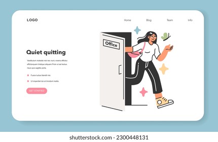 Work life balance web banner or landing page. Female character finishing her office job. Modern lifestyle, healthy boundaries between job and self for body and mind harmony. Flat vector illustration