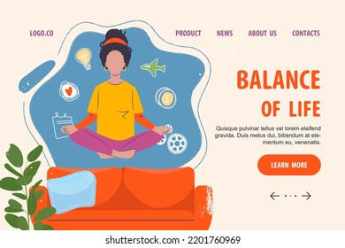 Work And Life Balance Web Landing Page, Vector Illustration. Woman In Yoga Pasture Balancing With Life Items At Home, Relax Lifestyle. Balanced Work And Life Management Webpage Template. Multitasking