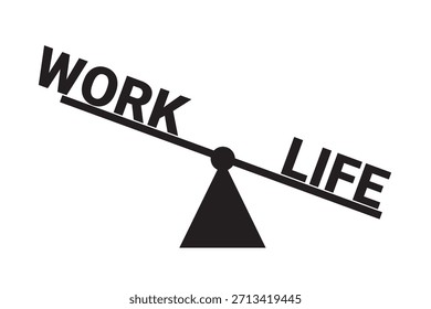 Equilibrio entre la vida laboral y familiar: peso y escala como equilibrio armonioso y equilibrado y equilibrio entre el trabajo y la carrera, la familia y el tiempo libre. Ilustración vectorial minimalista negra con texto aislado en blanco