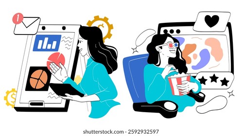 Work life balance. Woman at workplace and in cinema. Business presentation or series and movies. Workflow versus leisure. Time management and work organization. Linear vector illustration