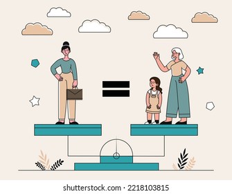 Work and life balance. Young girl stands on scales with briefcase next to her daughter and grandmother. Poster or banner for website. Time management concept. Cartoon flat vector illustration