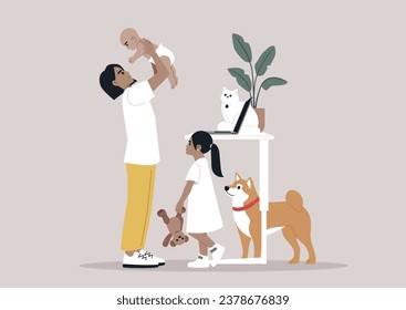 Work life balance, A young parent playing with their children and pets while doing their office tasks remotely