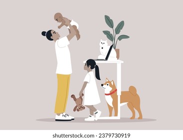 Work life balance, A young parent playing with their children and pets while doing their office tasks remotely
