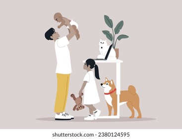 Work life balance, A young parent playing with their children and pets while doing their office tasks remotely