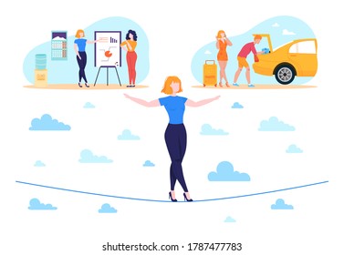 Work life businesswoman balance concept flat vector illustration. Cartoon woman character balancing on rope, choosing between office work or vacation travel, worklife balance problem isolated on white