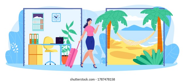 Work Life Businesswoman Balance Concept Flat Vector Illustration. Cartoon Woman Character With Suitcase Leaving Office Workplace For Trip To Tropical Island, Worklife Balance Problem Isolated On White