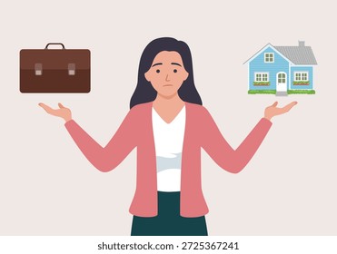 Trabajo o vida. La chica elige entre dos reinos. La decisión correcta. La mujer pesa dos opciones. Gestión inteligente del tiempo. Encontrar un equilibrio. Ilustración vectorial plana de la historieta aislada en el fondo blanco