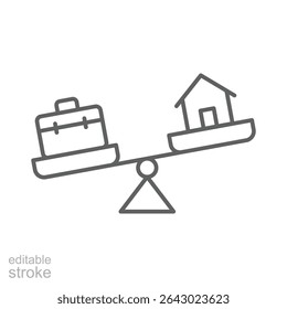 Ícone de desequilíbrio da vida profissional Delineamento editável da linha fina da escala desequilibrada com casa e pasta representando estresse do trabalho remoto e conflito de estilo de vida