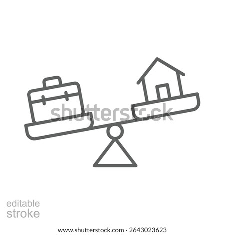 Work life imbalance icon Editable thin line outline of unbalanced scale with home and briefcase representing remote job stress and lifestyle conflict