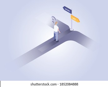 Work and Life management vector concept: Man wearing facemask on a crossroad confused choosing work or life during pandemic