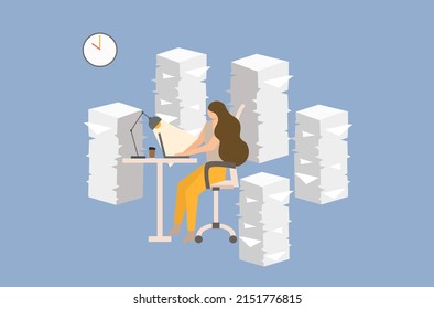 Work life not balance of working woman vector, flat design of woman officer is working late vector, work life not balance of business working woman character vector, overwhelmed office worker vector.
