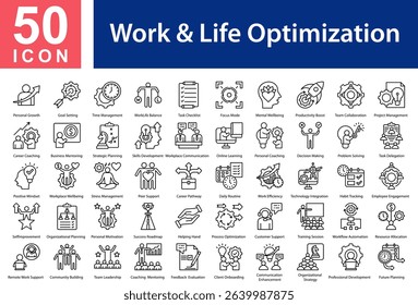  Work  Life Optimization Collection of Icons with Outline Style Containing:  Personal Growth  ,Goal Setting  ,Time Management  ,Work-Life Balance  ,Task Checklist  ,Focus Mode  ,Mental Wellbeing  ,Pro