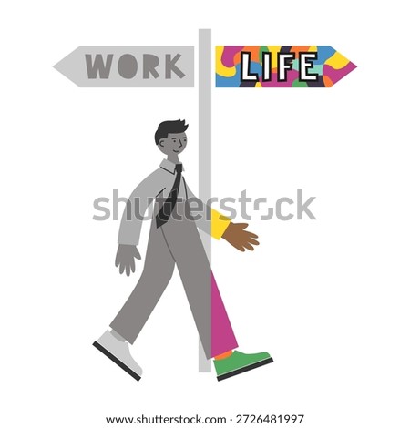 Work life road sign. Person chooses  slow living to recharge. Sabbatical and burnout recovery concept. Intentional rest and career break, microretirement.